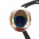 Western Silver Oval Peacock Feather Bolo Balck Rope with Silver Ends Necklace 18" (BD3)