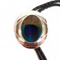 Western Silver Oval Peacock Feather Bolo Balck Rope with Silver Ends Necklace 18" (BD3)