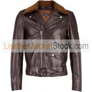 Men's Brown Lightweight Shearling Collar Biker Leather Jacket