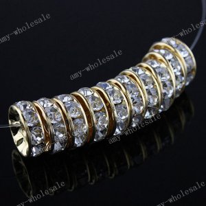 10mm Rhinestone Crystal Rondelle Spacer Gold Beads x100