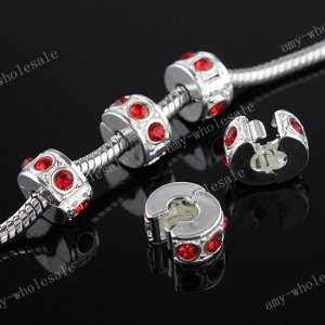 5x Red Crystal European Silver Stopper/Lock Chaem Beads