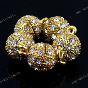 5x Magnetic Clear Golden Crystal Round Ball Clasp Jewelry Finding 10mm