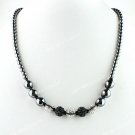 Clear&Black Crystal Hematite Disco Ball Beads Pendant Magnetic Clasp Necklace
