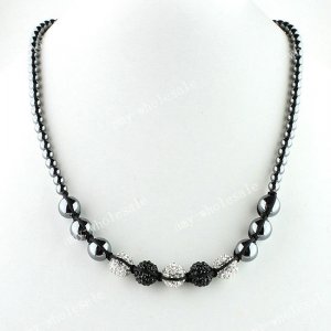 Clear&Black Crystal Hematite Disco Ball Beads Pendant Magnetic Clasp Necklace