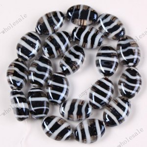 BLACK LAMPWORK GLASS OVAL STRIPE LOOSE BEADS 20PCS