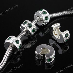 5x Deep Green Crystal Silver Stopper Clip Bead Findings