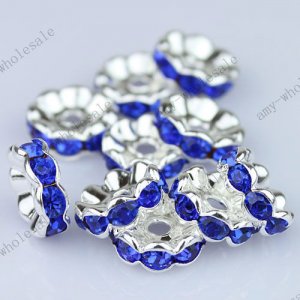100PCS DEEP BLUE  SILVER PLATED CRYSTAL HOLE SPACER BEAD FINDINGS 4X10MM