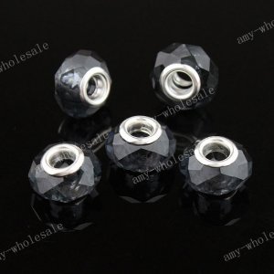 5X GRAY CRYSTAL GLASS FACETED BIG HOLE CHARM BEADS