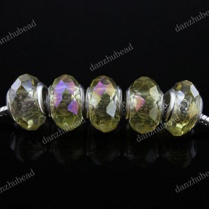 5X YELLOW AB FACETED CRYSTAL GLASS BIG HOLE EUROPEAN BEADS FINDINGS
