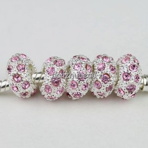 100PCS WHOLESALE PINK CRYSTAL SILVER CHARM BEADS