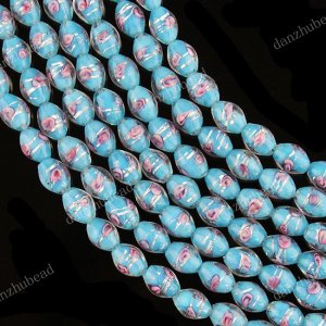 35PCS LAKE BLUE LAMPWORK GLASS RICE LOOSE BEADS STRAND 8X10MM