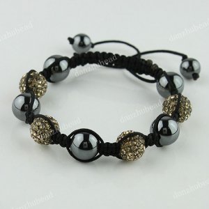 MACRAME LIGHT GOLDEN SWAROVSKI CRYSTAL DISCO HEMATITE BALLS ADJUSTABLE BRACELET
