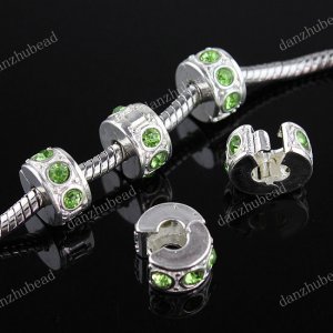 5X LIGHT GREEN CRYSTAL SILVER EUROPEAN STOPPER BEADS