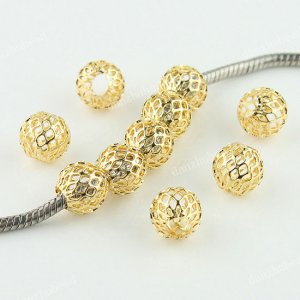 200X WHOLESALE GOLDEN NET BALL EUROPEAN BIG HOLE CHARM BEADS FINDINGS 10MM