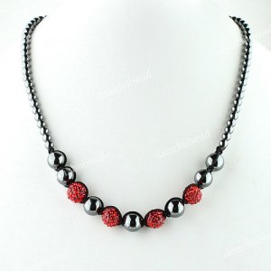 RED CRYSTAL DISCO BALL HEMATITE BEAD MAGNETIC CLASP MACRAME NECKLACE