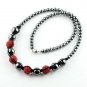 RED CRYSTAL DISCO BALL HEMATITE BEAD MAGNETIC CLASP MACRAME NECKLACE