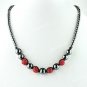 RED CRYSTAL DISCO BALL HEMATITE BEAD MAGNETIC CLASP MACRAME NECKLACE