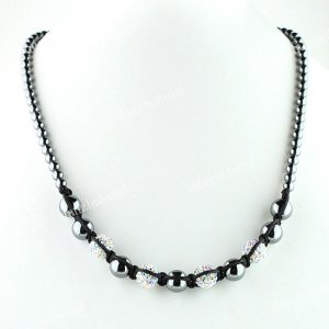 CLEAR AB CRYSTAL DISCO BALL HEMATITE BEAD MAGNETIC CLASP MACRAME NECKLACE