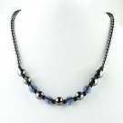 LIGHT BLUE CRYSTAL DISCO BALL HEMATITE BEAD MAGNETIC CLASP MACRAME NECKLACE