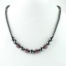 LIGHT PURPLE CRYSTAL DISCO BALL HEMATITE BEAD MAGNETIC CLASP MACRAME NECKLACE