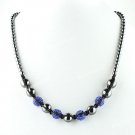 SAPPHIRE BLUE CRYSTAL DISCO BALL HEMATITE BEAD MAGNETIC CLASP MACRAME NECKLACE