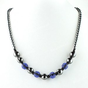 SAPPHIRE BLUE CRYSTAL DISCO BALL HEMATITE BEAD MAGNETIC CLASP MACRAME NECKLACE