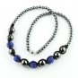 SAPPHIRE BLUE CRYSTAL DISCO BALL HEMATITE BEAD MAGNETIC CLASP MACRAME NECKLACE