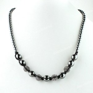 GRAY CRYSTAL DISCO BALL HEMATITE BEAD MAGNETIC CLASP MACRAME FASHION NECKLACE