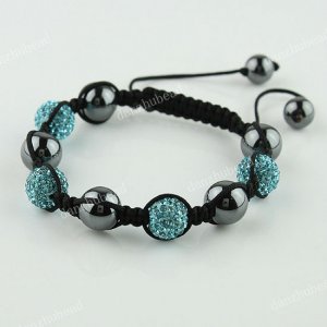 1X MACRAME OCEAN BLUE SWAROVSKI CRYSTAL DISCO HEMATITE BALLS ADJUSTABLE BRACELET