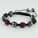 MACRAME DEEP PURPLE SWAROVSKI CRYSTAL DISCO HEMATITE BALLS ADJUSTABLE BRACELET