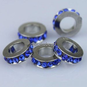5PCS SAPPHIRE BLUE CRYSTAL 5MM HOLE EUROPE CHARM BEADS