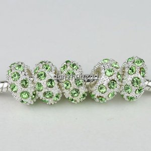 20X WHOLESALE LIGHT GREEN CRYSTAL SILVER BIG HOLE BEADS