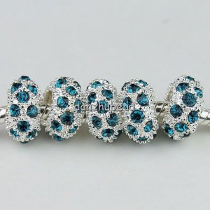 20X WHOLESALE PEACOCK BLUE CRYSTAL SILVER BIG HOLE BEAD