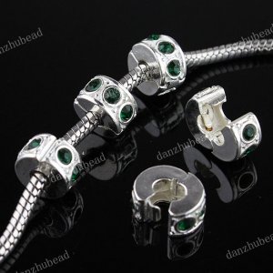 5X DARK GREEN CRYSTAL EUROPEAN SILVER STOPPER CLIP BEAD