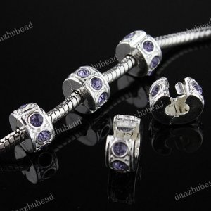 5X VOILET CRYSTAL EUROPEAN SILVER STOPPER CLIP BEADS