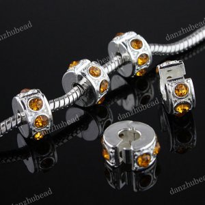 5X GOLDEN CRYSTAL EUROPEAN SILVER STOPPER CLIP BEADS