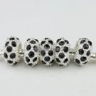 5X BLACK CRYSTAL SILVER SPACER BIG HOLE CHARM BEADS