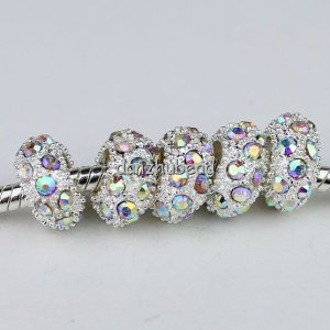 5X COLORFUL CRYSTAL SILVER SPACER BIG HOLE CHARM BEADS