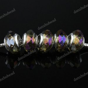 5X OLIVE AB FACETED CRYSTAL GLASS BIG HOLE EUROPEAN BEADS FINDINGS