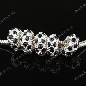 50X BLACK CRYSTAL SILVER SPACER BIG HOLE CHARM BEADS FINDINGS WHOLESALE LOTS