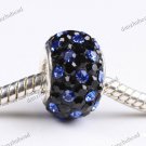 BLACK & SAPPHIRE BLUE SWAROVSKI CRYSTAL 925 STERLING SILVER EUROPEAN CHARM BEAD