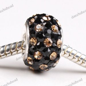 BLACK & LIGHT GOLDEN SWAROVSKI CRYSTAL 925 STERLING SILVER EUROPEAN CHARM BEAD