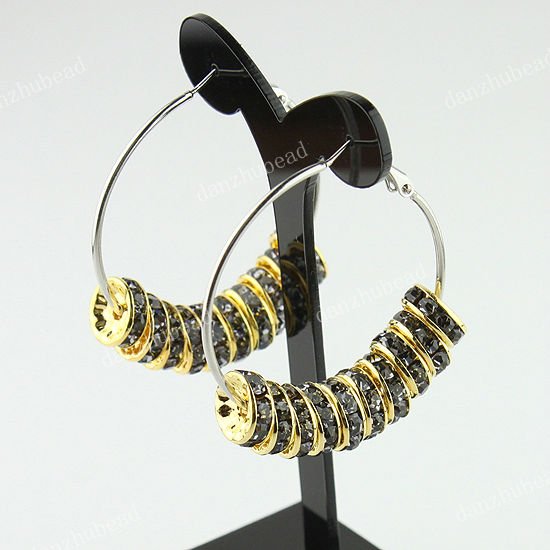 1 PAIR GRAY CRYSTAL GOLDEN SPACER BEADS HOOP CIRCLE FASHION HOOK EARRINGS