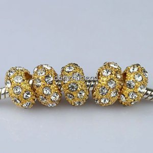 5PCS CLEAR CRYSTAL GOLDEN SPACER BIG HOLE CHARM BEADS