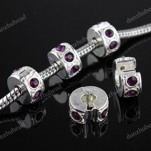 100X DEEP PURPLE CRYSTAL SILVER EUROPEAN STOPPER CHARM BEADS FINDING WHOLESALE