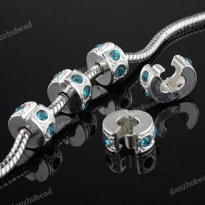 50X PEACOCK BLUE CRYSTAL EUROPEAN STOPPER CLIP CHARM BEADS FINDINGS WHOLESALE