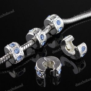 50X LIGHT BLUE CRYSTAL EUROPEAN SILVER STOPPER CLIP CHARM BEADS FINDINGS
