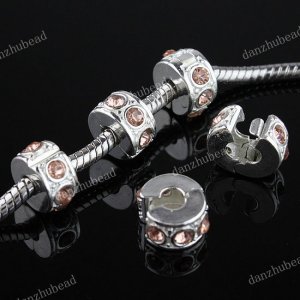 50X PEACH CRYSTAL EUROPEAN SILVER STOPPER CLIP CHARM BEADS FINDINGS WHOLESALE