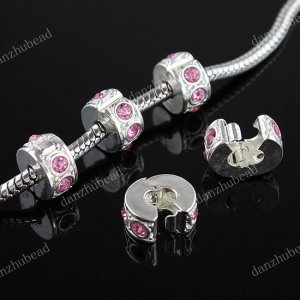 50X PINK CRYSTAL SILVER EUROPEAN STOPPER CLIP CHARM BEADS FINDING WHOLESALE 10MM