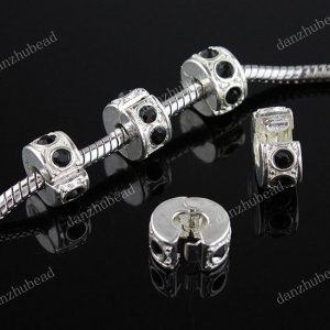 50X BLACK CRYSTAL SILVER EUROPEAN STOPPER CLIP CHARM BEADS FINDING WHOLESALE LOT